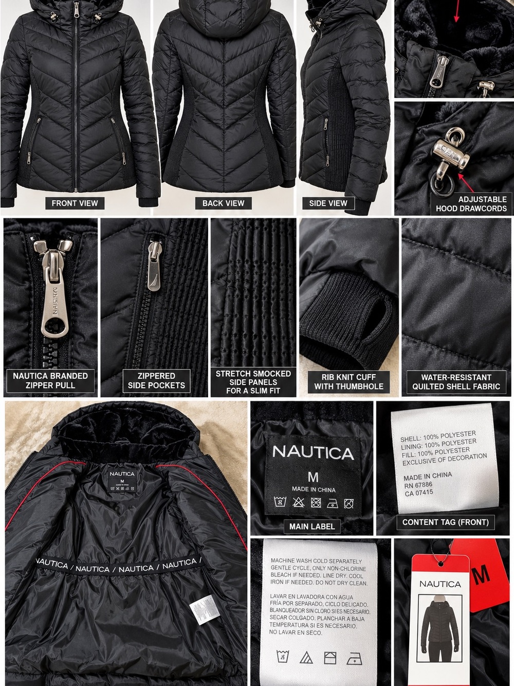 Nautica Women's Black Quilted Hooded Puffer Jacket
